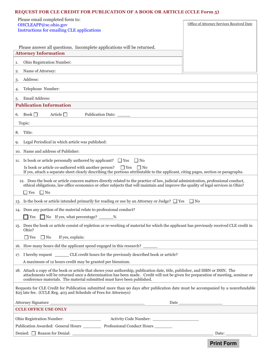 CCLE Form 5 Request for Cle Credit for Publication of a Book or Article - Ohio, Page 1
