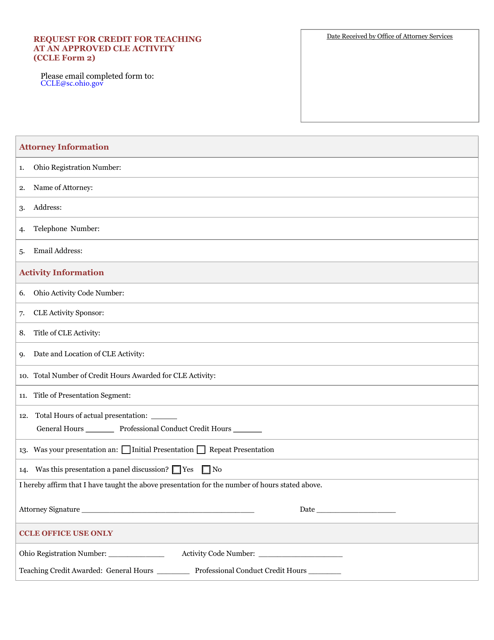 CCLE Form 2 Request for Credit for Teaching at an Approved Cle Activity - Ohio