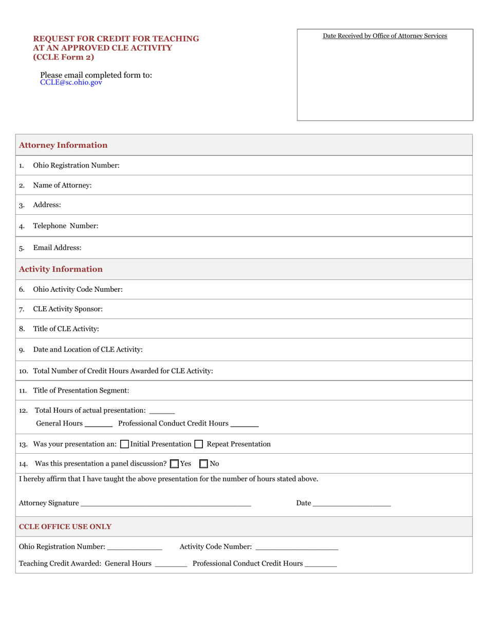 CCLE Form 2 Request for Credit for Teaching at an Approved Cle Activity - Ohio, Page 1