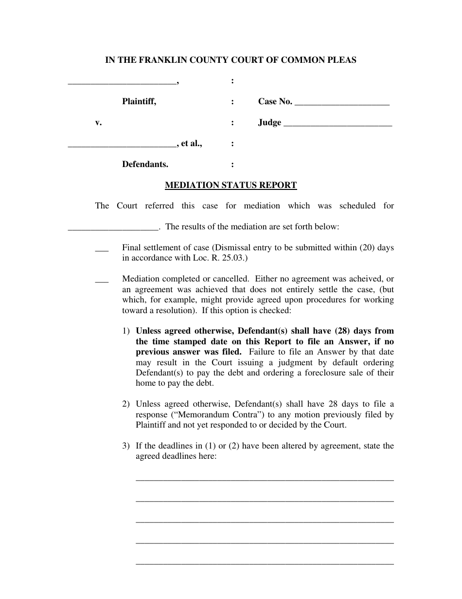 Mediation Status Report - Franklin County, Ohio, Page 1