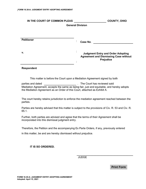 Form 16.30-A Judgment Entry Adopting Agreement - Ohio