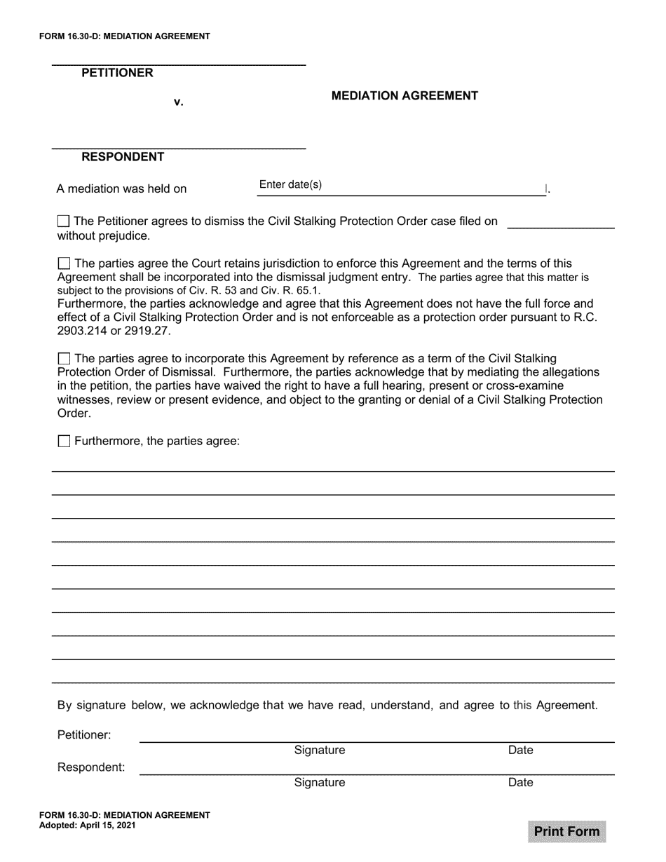 Form 16.30-D Mediation Agreement - Ohio, Page 1