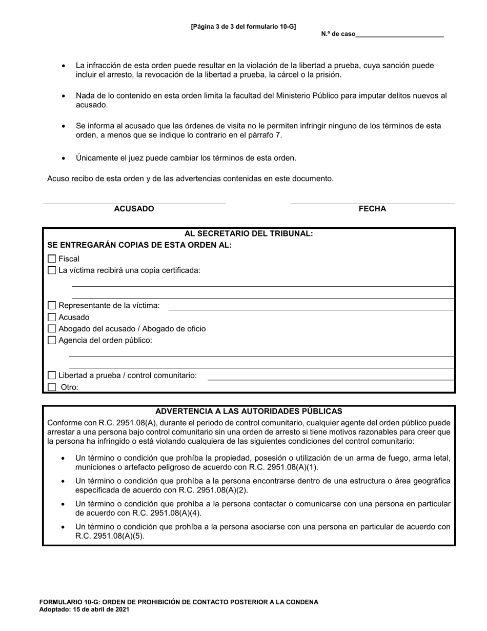 Formulario 10-G Orden De Prohibicion De Contacto Posterior a La Condena - Ohio (Spanish), Page 3