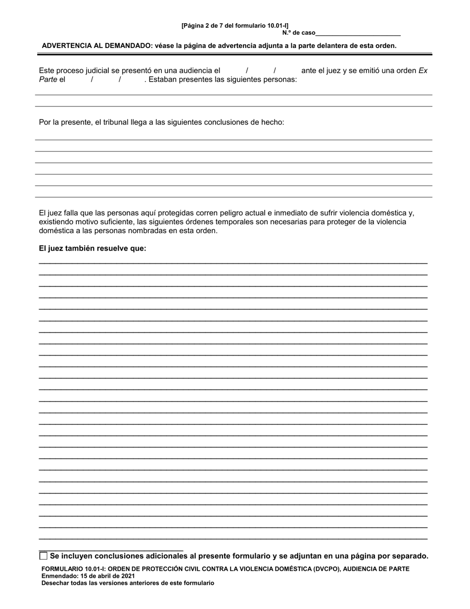 Formulario 10.01-I Orden De Proteccion Civil Contra La Violencia Domestica (Cpo) Audiencia De Parte (R.c. 3113.31) - Ohio (Spanish), Page 2