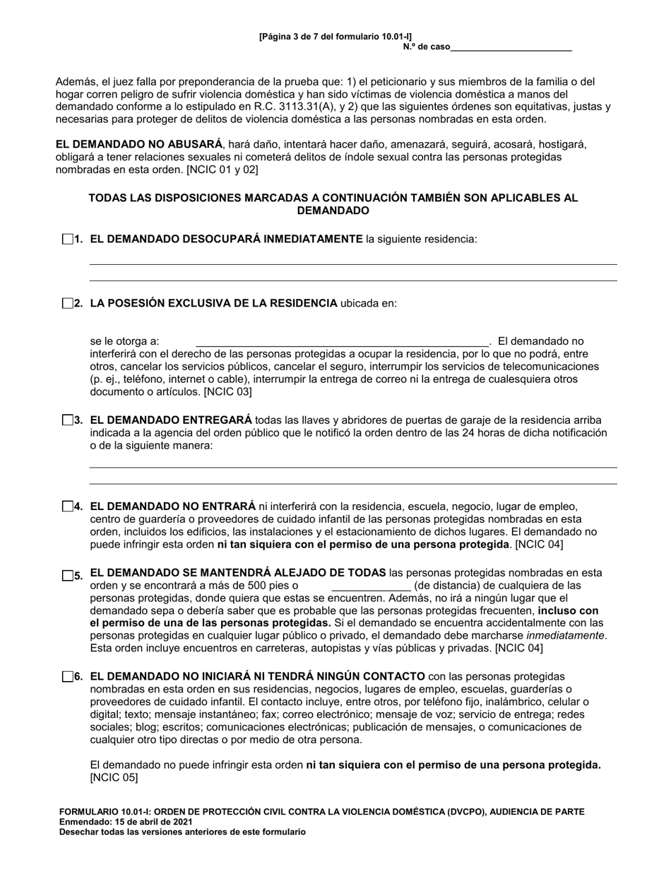 Formulario 10.01-I Orden De Proteccion Civil Contra La Violencia Domestica (Cpo) Audiencia De Parte (R.c. 3113.31) - Ohio (Spanish), Page 3