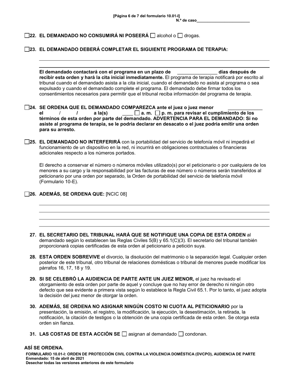 Formulario 10.01-I Orden De Proteccion Civil Contra La Violencia Domestica (Cpo) Audiencia De Parte (R.c. 3113.31) - Ohio (Spanish), Page 6