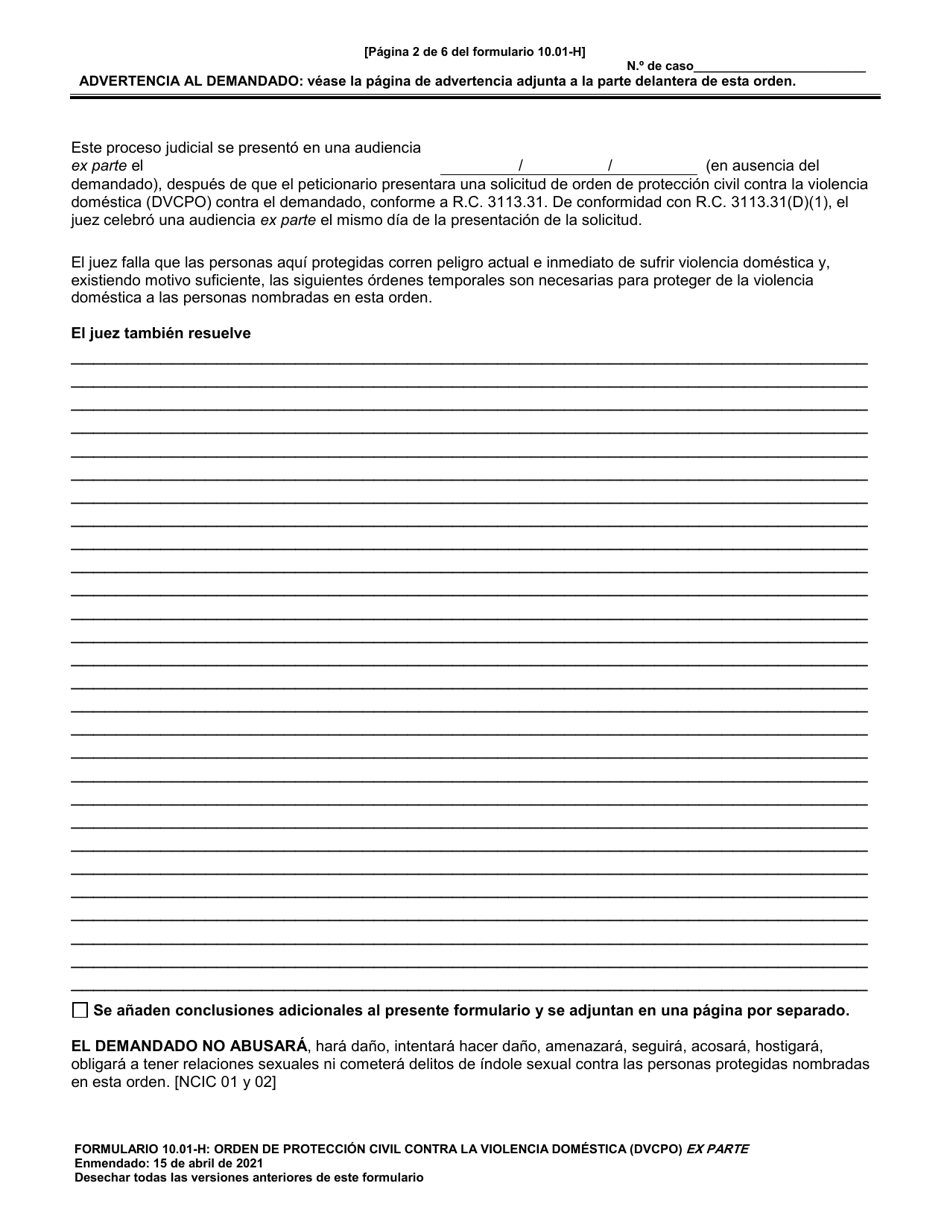 Formulario 10.01-H Orden De Proteccion Civil Contra La Violencia Domestica (Dvcpo) Ex Parte (R.c. 3113.31) - Ohio (Spanish), Page 2