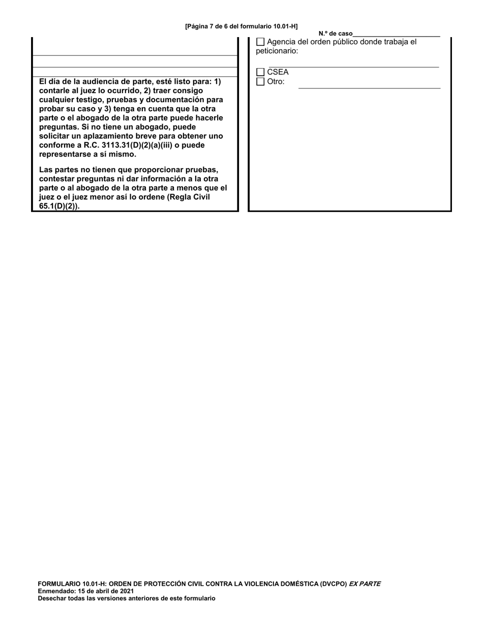 Formulario 10.01-H Orden De Proteccion Civil Contra La Violencia Domestica (Dvcpo) Ex Parte (R.c. 3113.31) - Ohio (Spanish), Page 7