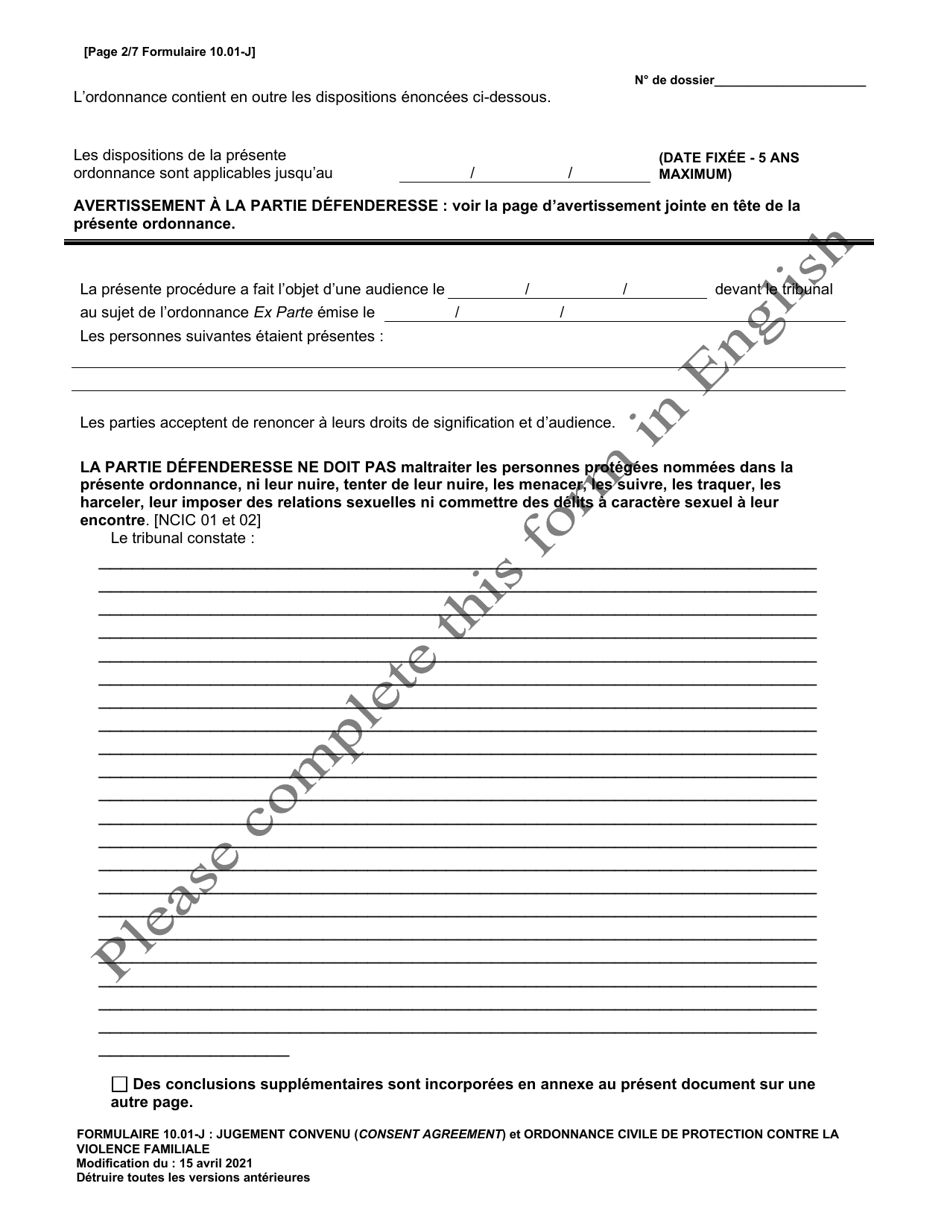 Form 10.01-J Consent Agreement and Domestic Violence Civil Protection Order (R.c. 3113.31) - Ohio (French), Page 2