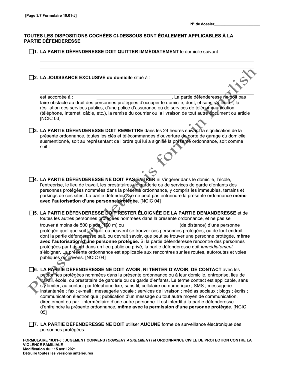 Form 10.01-J Consent Agreement and Domestic Violence Civil Protection Order (R.c. 3113.31) - Ohio (French), Page 3