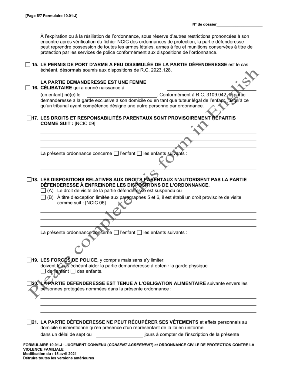 Form 10.01-J Consent Agreement and Domestic Violence Civil Protection Order (R.c. 3113.31) - Ohio (French), Page 5