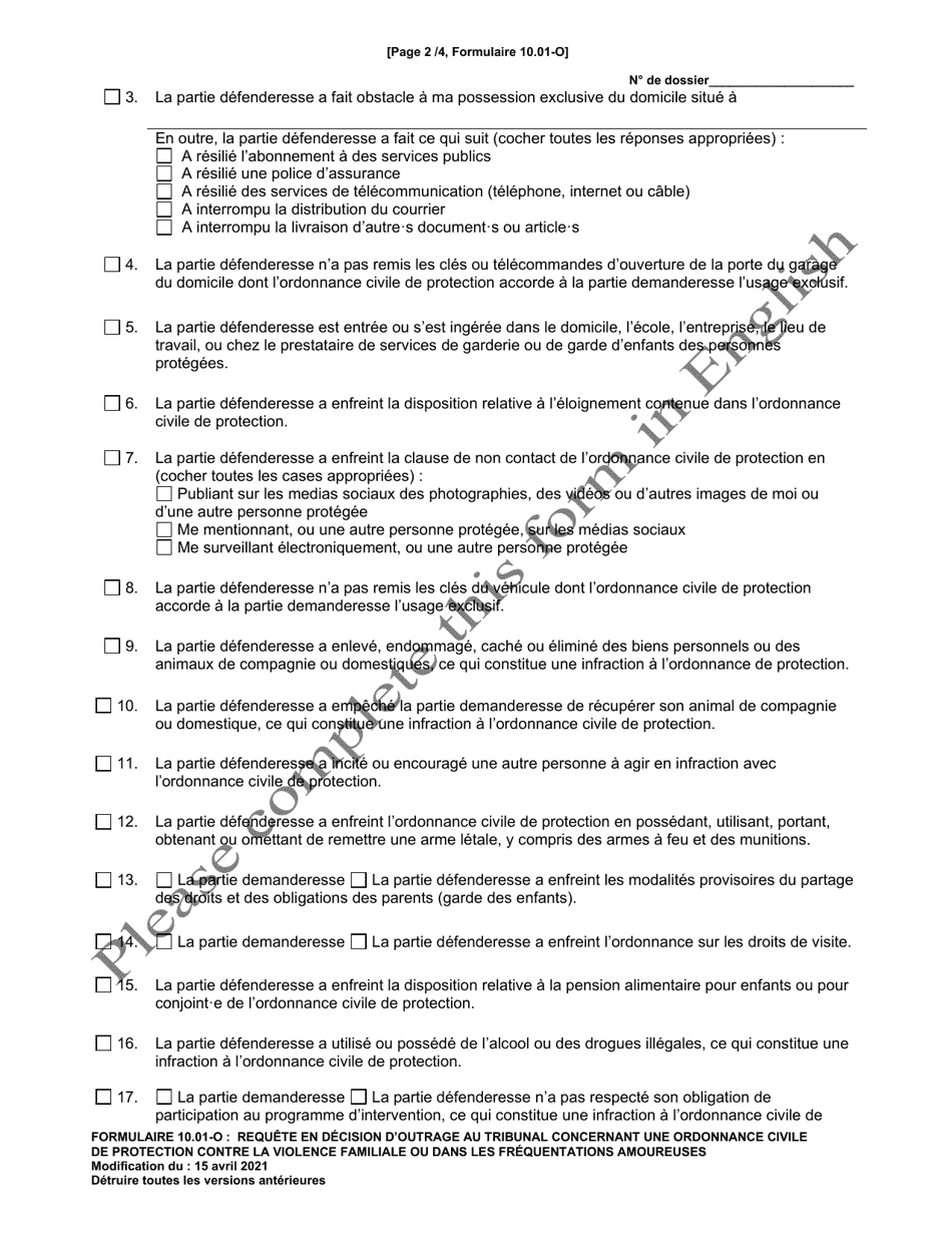 Form 10.01-O Motion for Contempt of a Domestic Violence or Dating Violence Civil Protection Order (R.c. 3113.31) - Ohio (French), Page 2