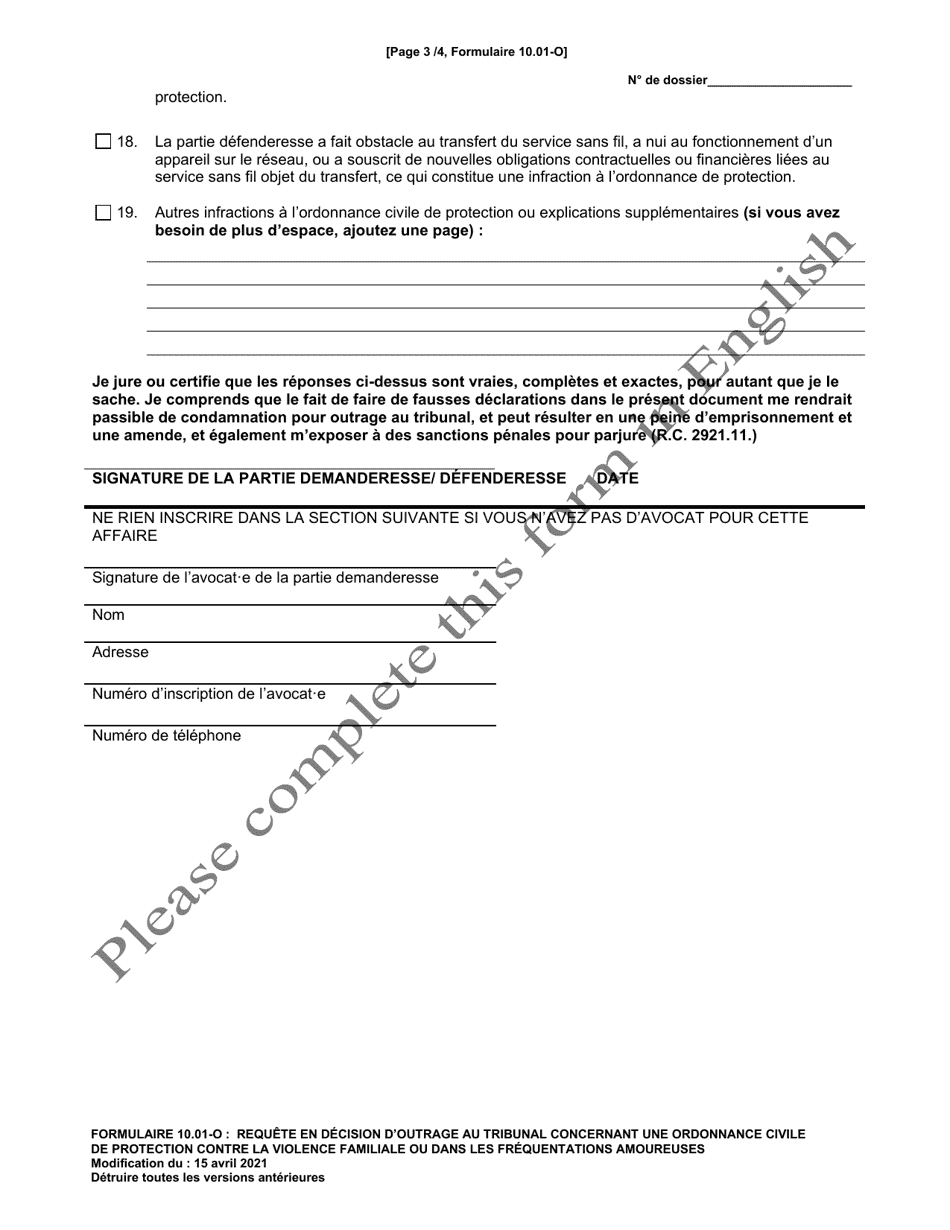 Form 10.01-O Motion for Contempt of a Domestic Violence or Dating Violence Civil Protection Order (R.c. 3113.31) - Ohio (French), Page 3