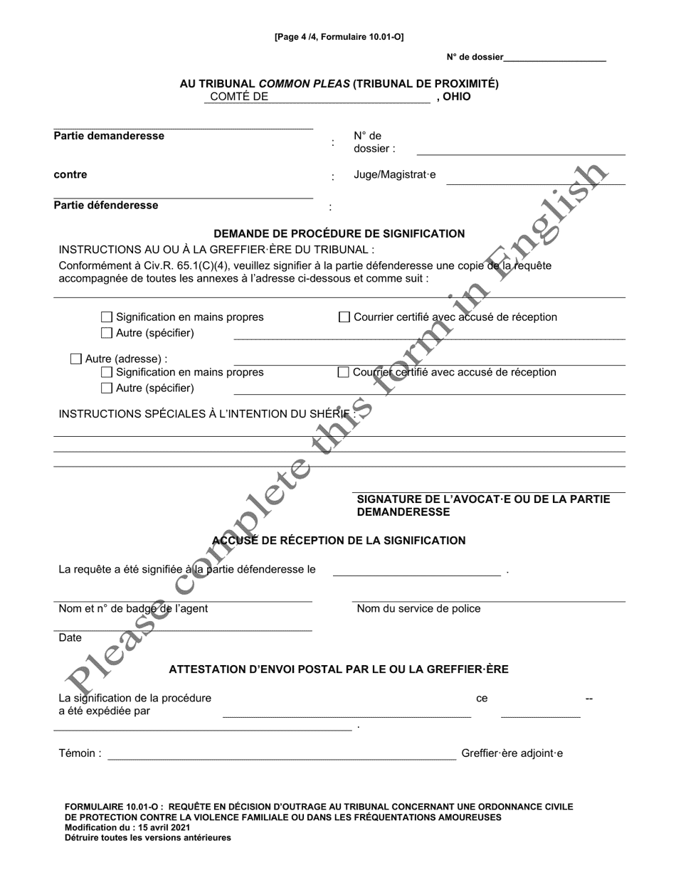 Form 10.01-O Motion for Contempt of a Domestic Violence or Dating Violence Civil Protection Order (R.c. 3113.31) - Ohio (French), Page 4