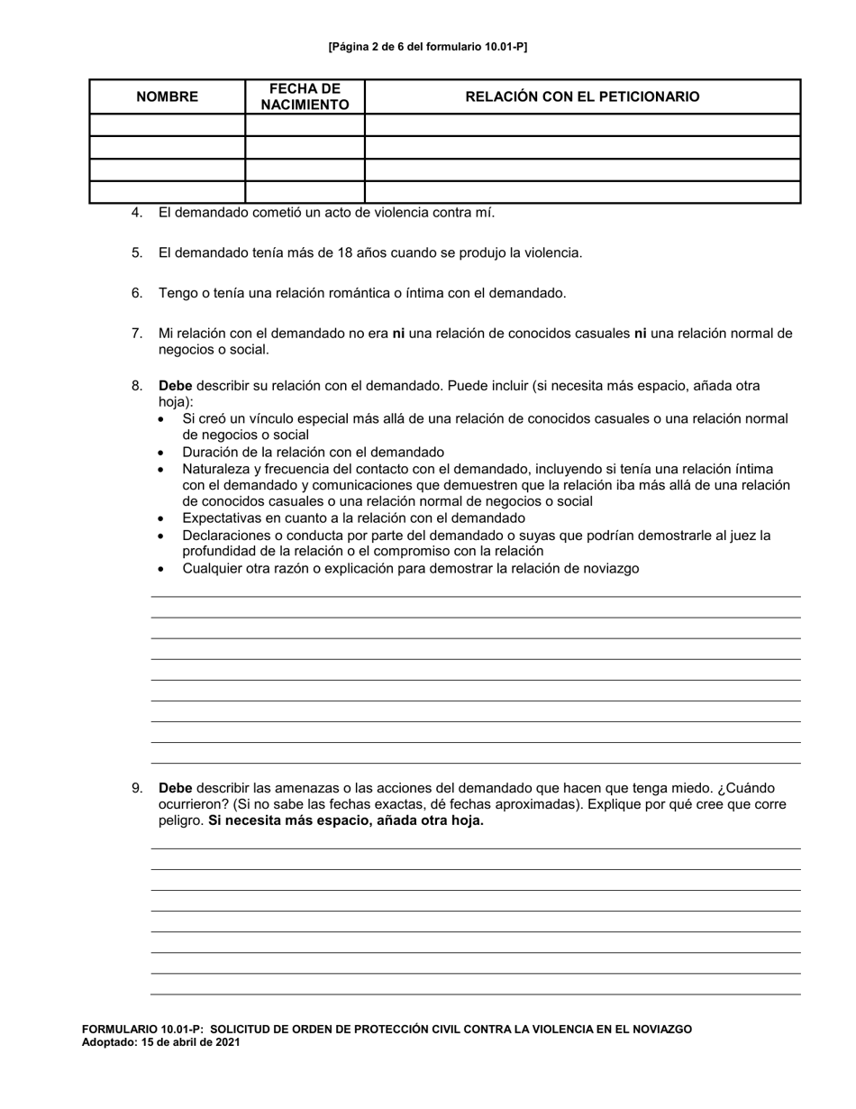 Formulario 10.01-P Solicitud De Orden De Proteccion Civil Contra La Violencia En El Noviazgo (R.c. 3113.31) - Ohio (Spanish), Page 2