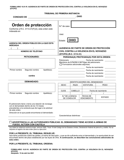 Formulario 10.01-R Audiencia De Parte De Orden De Proteccion Civil Contra La Violencia En El Noviazgo (Dtcpo) (R.c. 3113.31) - Ohio (Spanish)