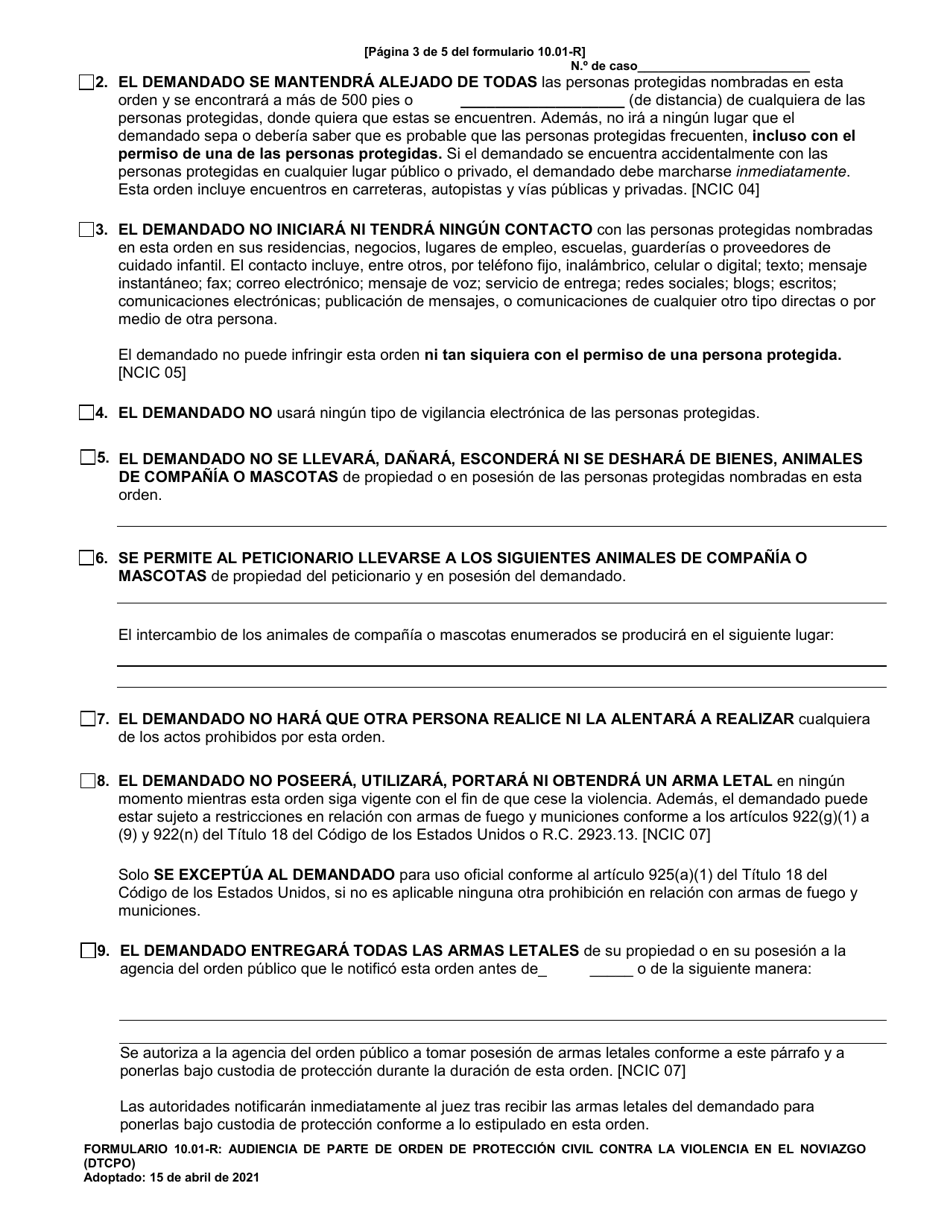 Formulario 10.01-R Audiencia De Parte De Orden De Proteccion Civil Contra La Violencia En El Noviazgo (Dtcpo) (R.c. 3113.31) - Ohio (Spanish), Page 3