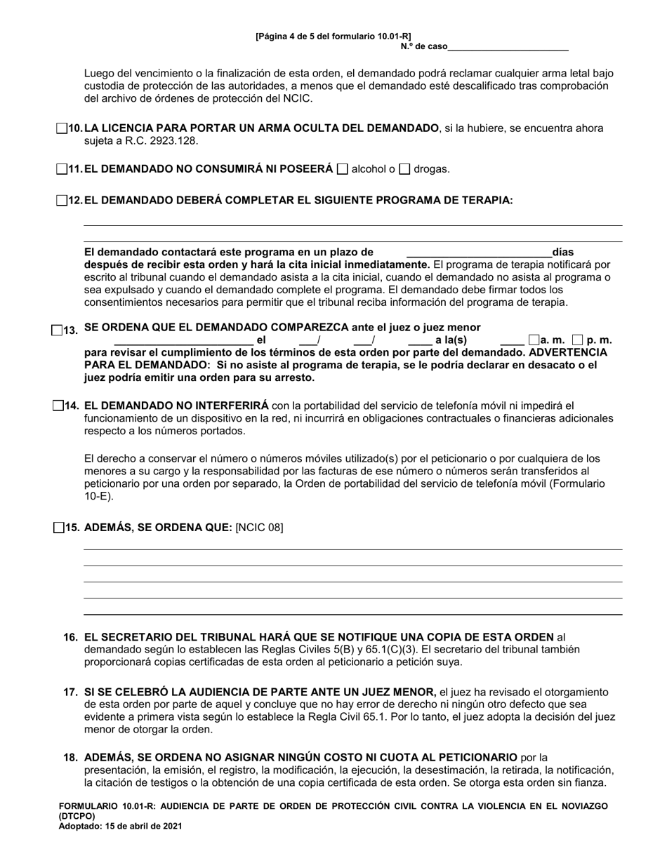 Formulario 10.01-R Audiencia De Parte De Orden De Proteccion Civil Contra La Violencia En El Noviazgo (Dtcpo) (R.c. 3113.31) - Ohio (Spanish), Page 4