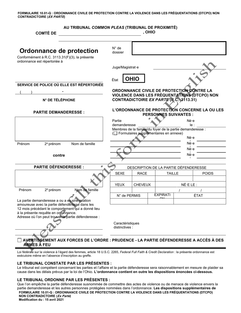 Form 10.01-Q Dating Violence Civil Protection Order (Dtcpo) Ex Parte (R.c. 3113.31) - Ohio (French), Page 1