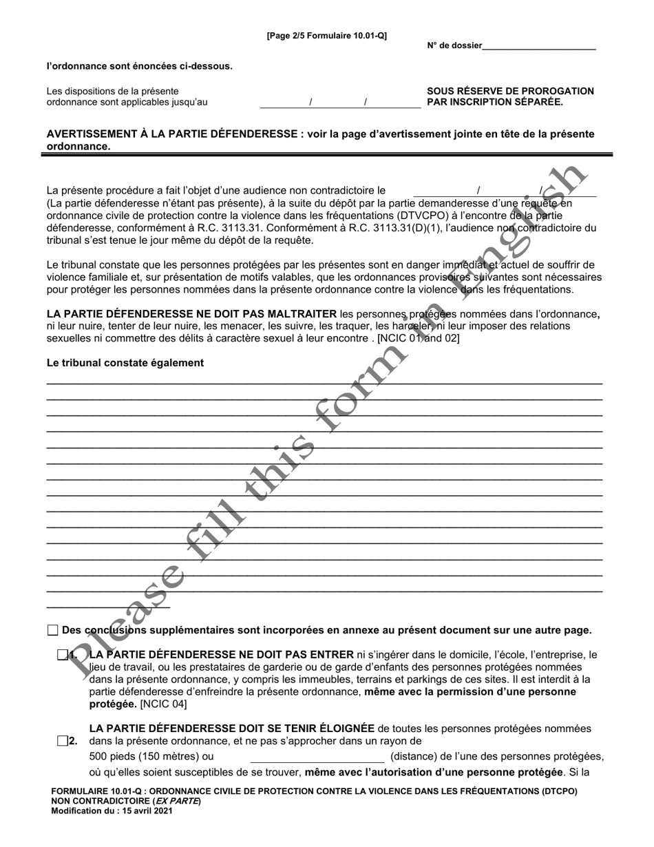 Form 10.01-Q Dating Violence Civil Protection Order (Dtcpo) Ex Parte (R.c. 3113.31) - Ohio (French), Page 2