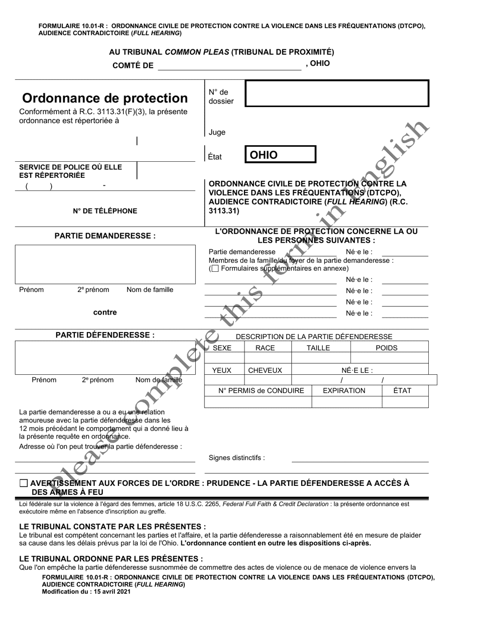 Form 10.01-R Dating Violence Civil Protection Order (Dtcpo) Full Hearing - Ohio (French), Page 1