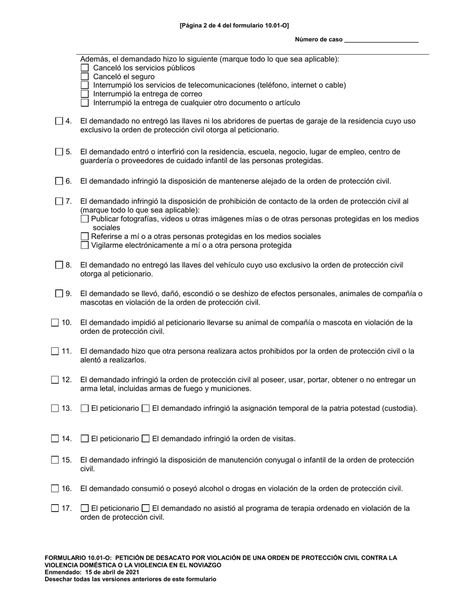Formulario 10.01-O Peticion De Desacato Por Violacion De Una Orden De Proteccion Civil Contra La Violencia Domestica O La Violencia En El Noviazgo - Ohio (Spanish), Page 2