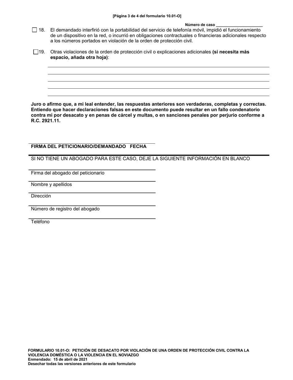 Formulario 10.01-O Peticion De Desacato Por Violacion De Una Orden De Proteccion Civil Contra La Violencia Domestica O La Violencia En El Noviazgo - Ohio (Spanish), Page 3