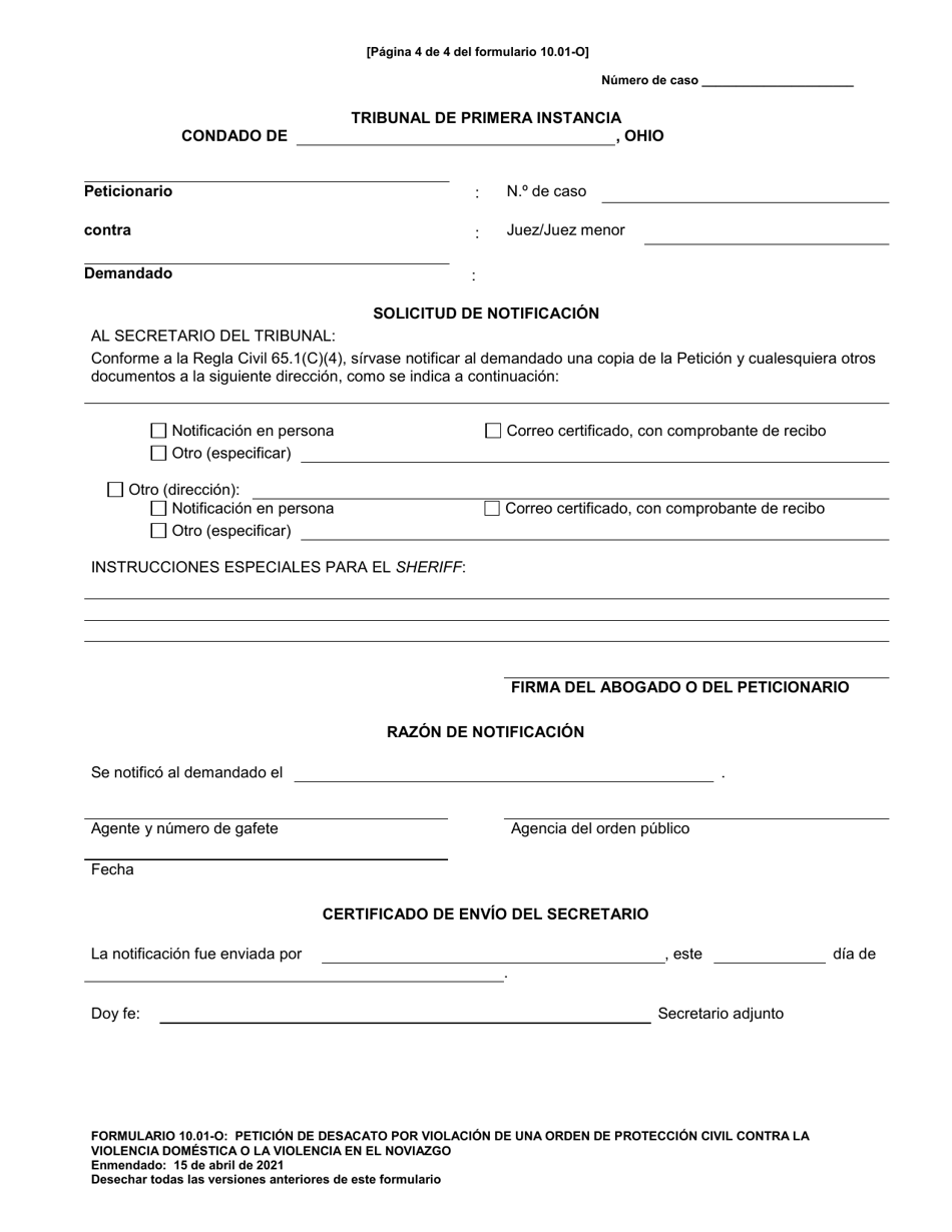 Formulario 10.01-O Peticion De Desacato Por Violacion De Una Orden De Proteccion Civil Contra La Violencia Domestica O La Violencia En El Noviazgo - Ohio (Spanish), Page 4