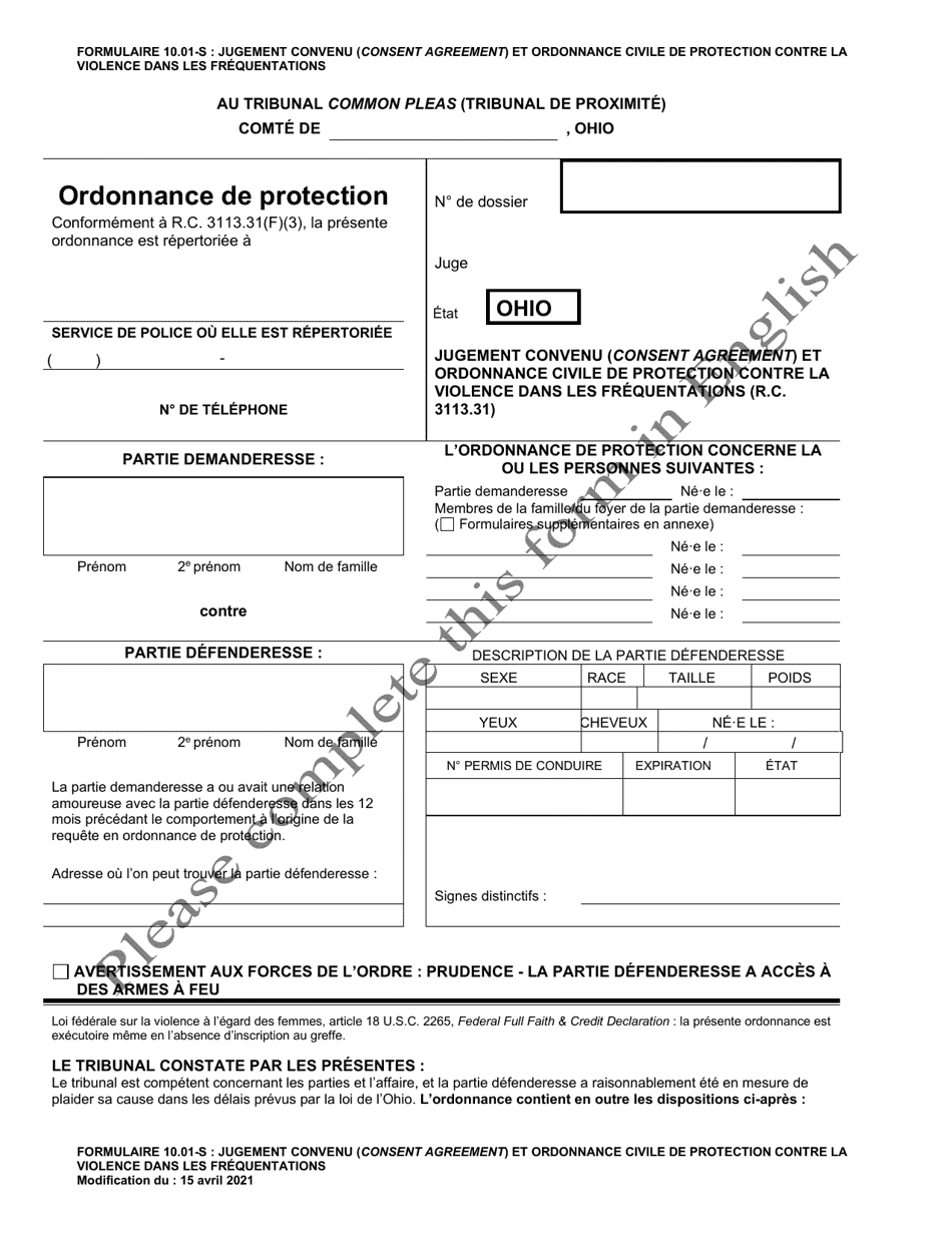 Form 10.01-S Consent Agreement and Dating Violence Civil Protection Order - Ohio (French), Page 1