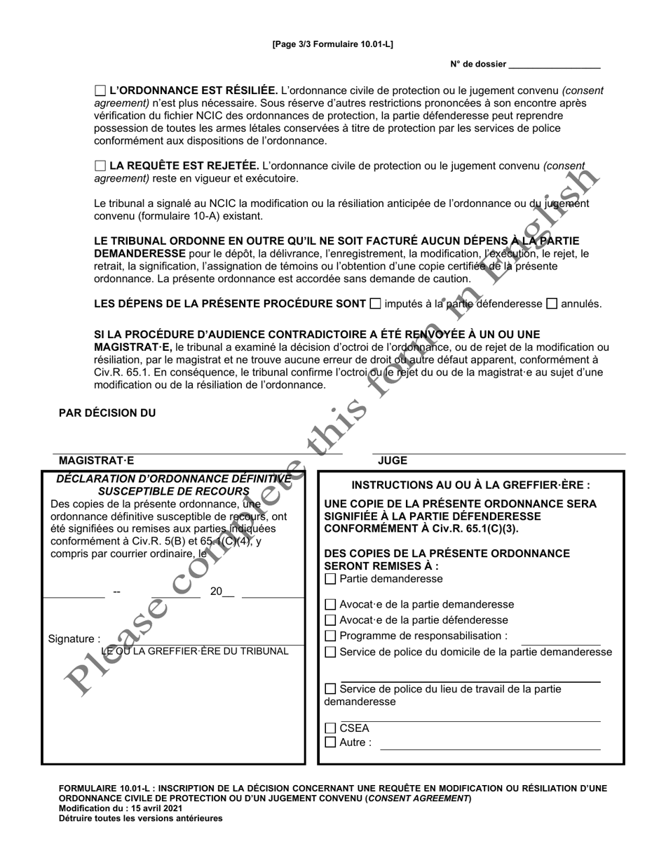 Form 10.01-L Judgment Entry on Motion to Modify / Terminate Domestic Violence Civil Protection Order or Consent Agreement - Ohio (French), Page 3