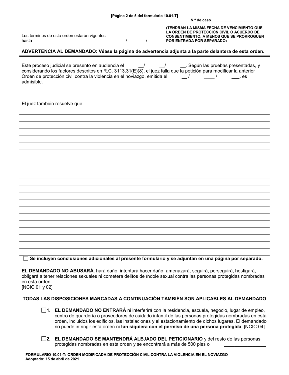 Formulario 10.01-T Orden Modificada De Proteccion Civil Contra La Violencia En El Noviazgo (R.c. 3113.31) - Ohio (Spanish), Page 2