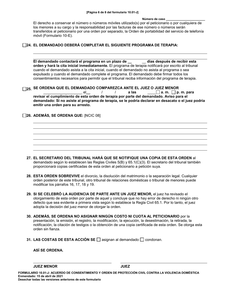 Formulario 10.01-J Acuerdo De Consentimiento Y Orden De Proteccion Civil Contra La Violencia Domestica (R.c. 3113.31) - Ohio (Spanish), Page 6