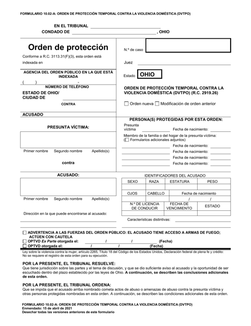 Formulario 10.02-A Orden De Proteccion Temporal Contra La Violencia Domestica (Dvtpo) (R.c. 2919.26) - Ohio (Spanish)