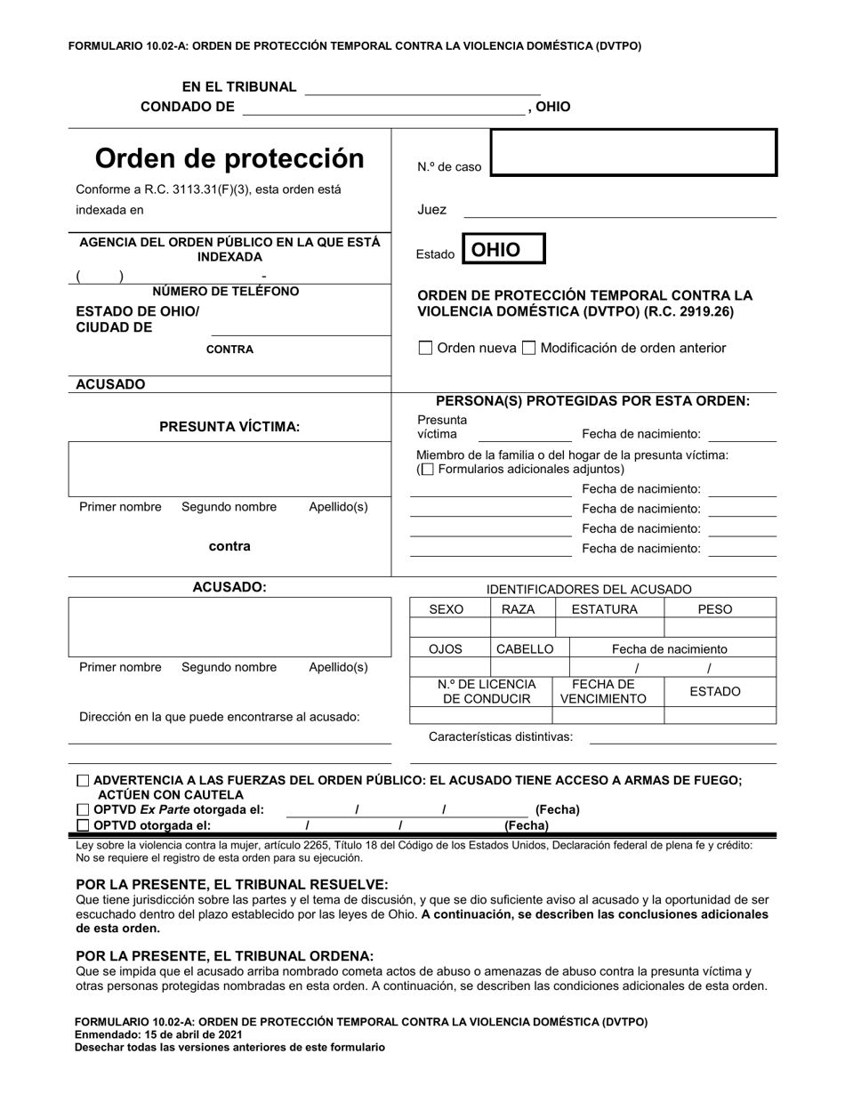 Formulario 10.02-A Orden De Proteccion Temporal Contra La Violencia Domestica (Dvtpo) (R.c. 2919.26) - Ohio (Spanish), Page 1