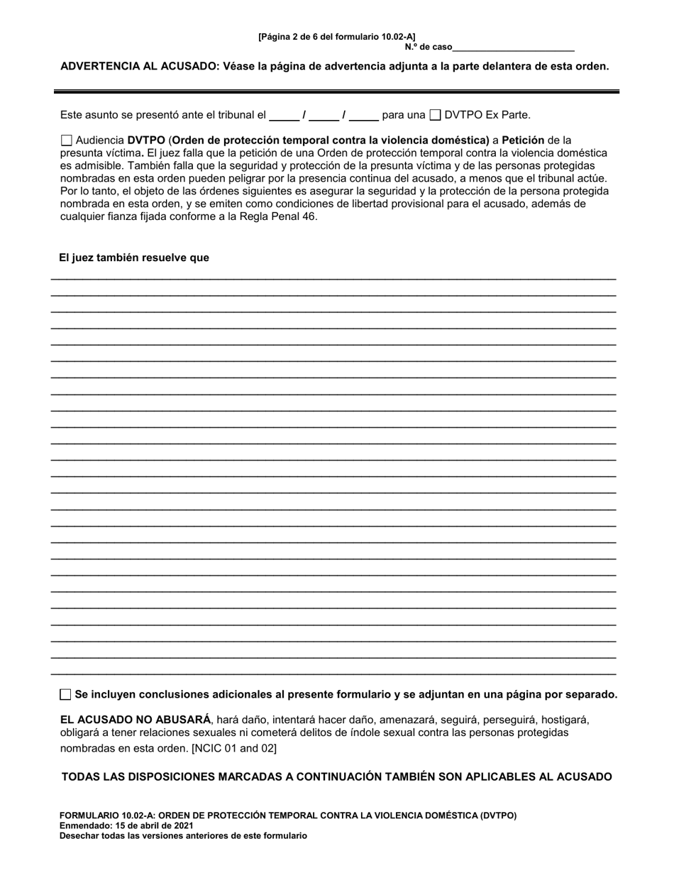 Formulario 10.02-A Orden De Proteccion Temporal Contra La Violencia Domestica (Dvtpo) (R.c. 2919.26) - Ohio (Spanish), Page 2