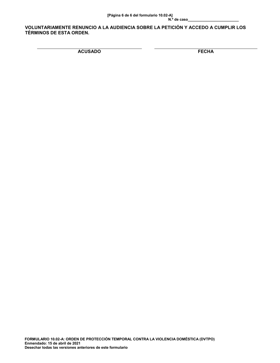 Formulario 10.02-A Orden De Proteccion Temporal Contra La Violencia Domestica (Dvtpo) (R.c. 2919.26) - Ohio (Spanish), Page 6