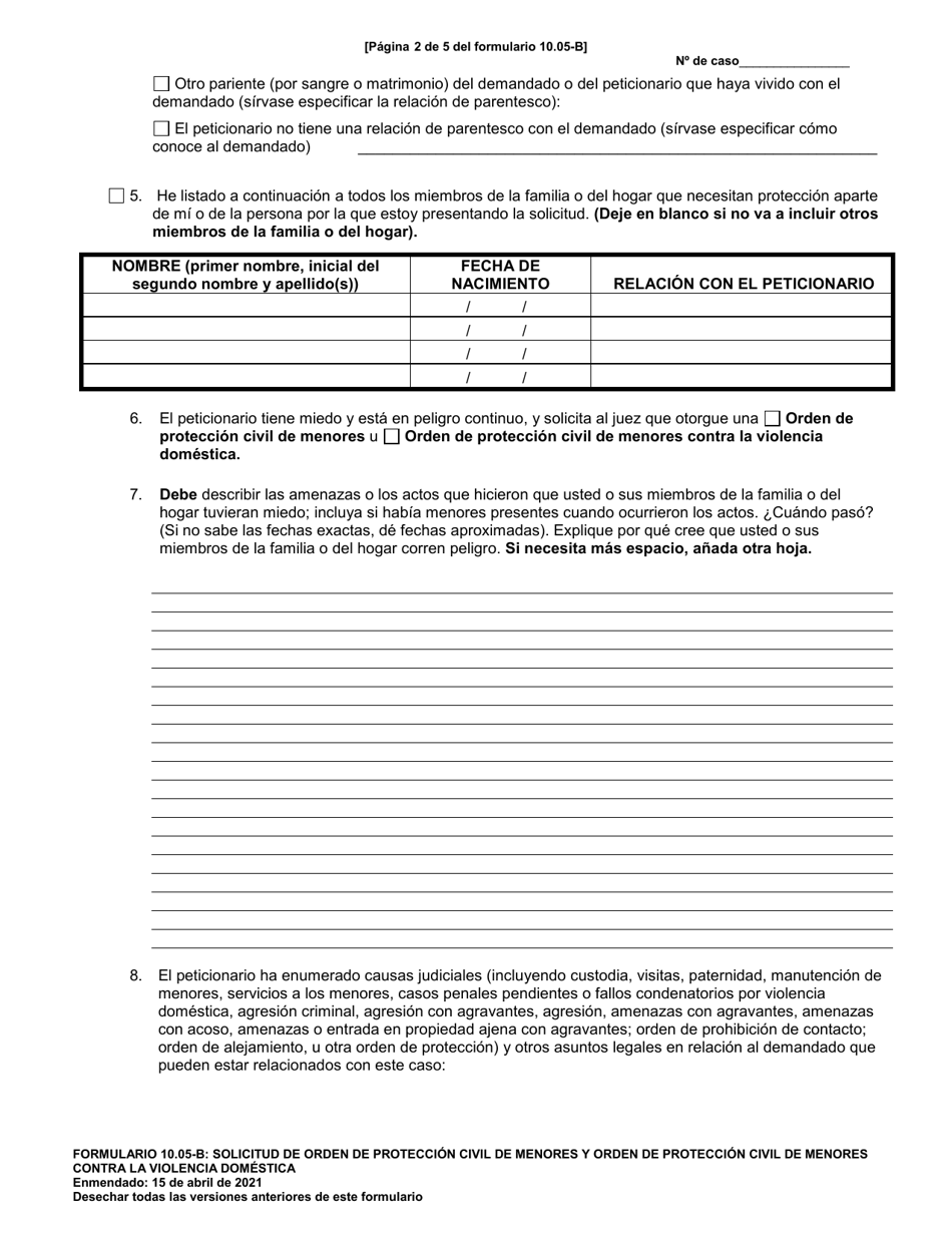 Formulario 10.05-B Solicitud De Orden De Proteccion Civil De Menores U Orden De Proteccipon Civil De Menores Contra La Violencia Domestica (R.c. 2151.34 Y 3113.31) - Ohio (Spanish), Page 2