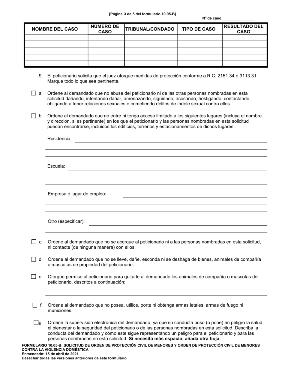 Formulario 10.05-B Solicitud De Orden De Proteccion Civil De Menores U Orden De Proteccipon Civil De Menores Contra La Violencia Domestica (R.c. 2151.34 Y 3113.31) - Ohio (Spanish), Page 3