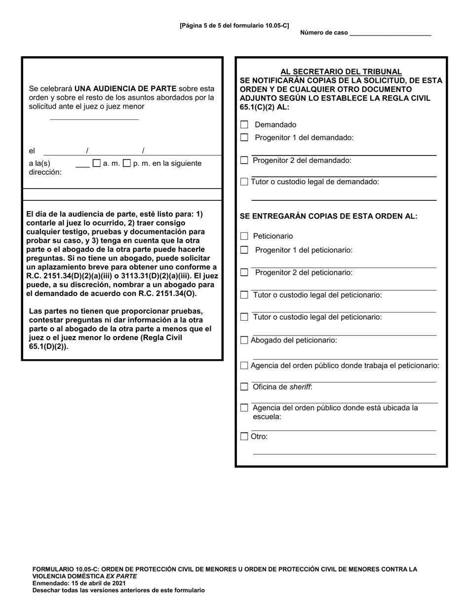 Formulario 10.05-C Orden De Proteccion Civil De Menores U Orden De Proteccion Civil De Menores Contra La Violencia Domestica Ex Parte (R.c. 2151.34 O 3113.31) - Ohio (Spanish), Page 5