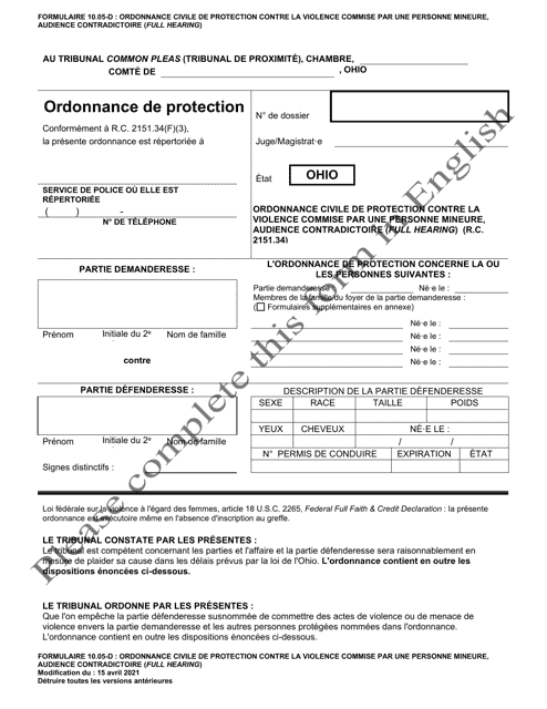 Form 10.05-D Juvenile Civil Protection Order Full Hearing - Ohio (French)
