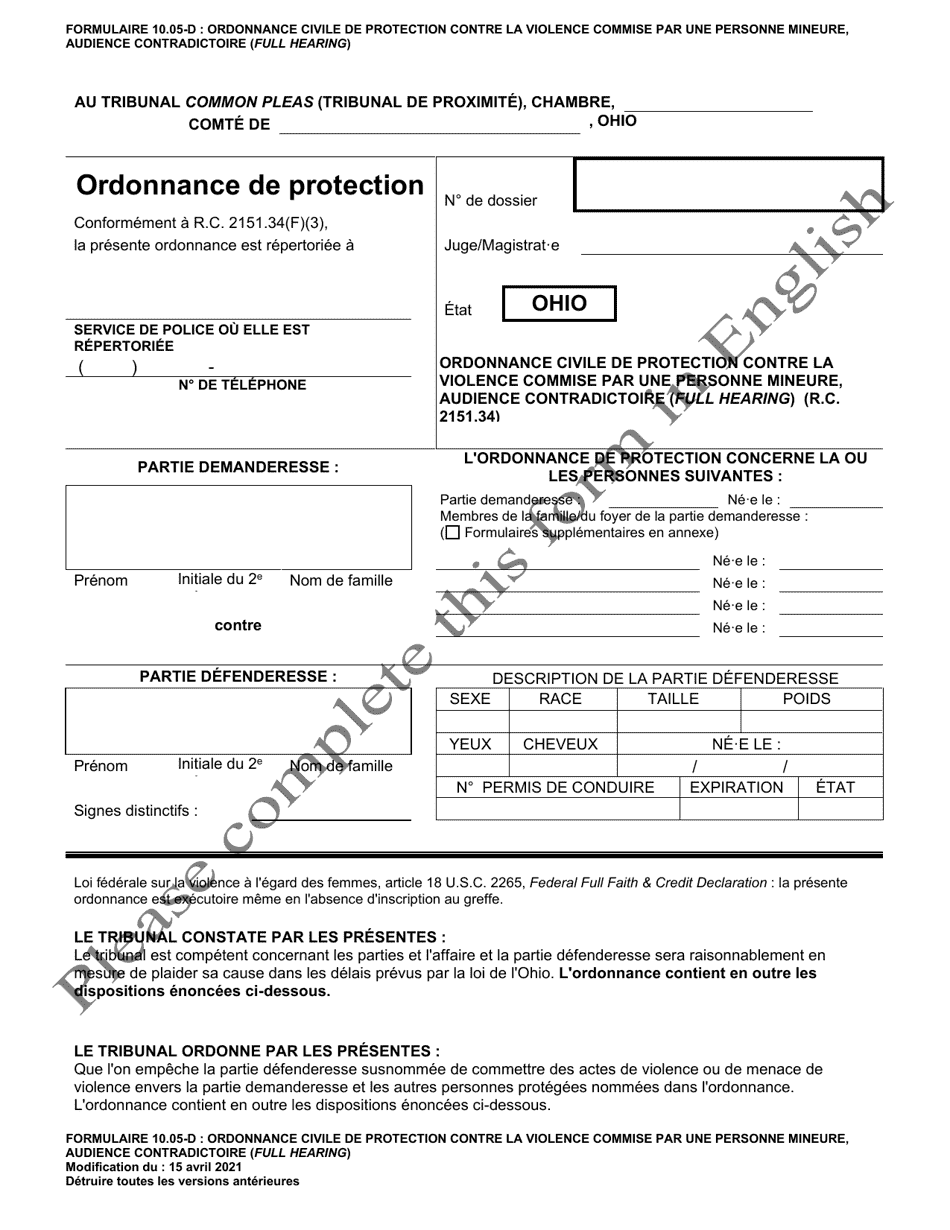 Form 10.05-D Juvenile Civil Protection Order Full Hearing - Ohio (French), Page 1
