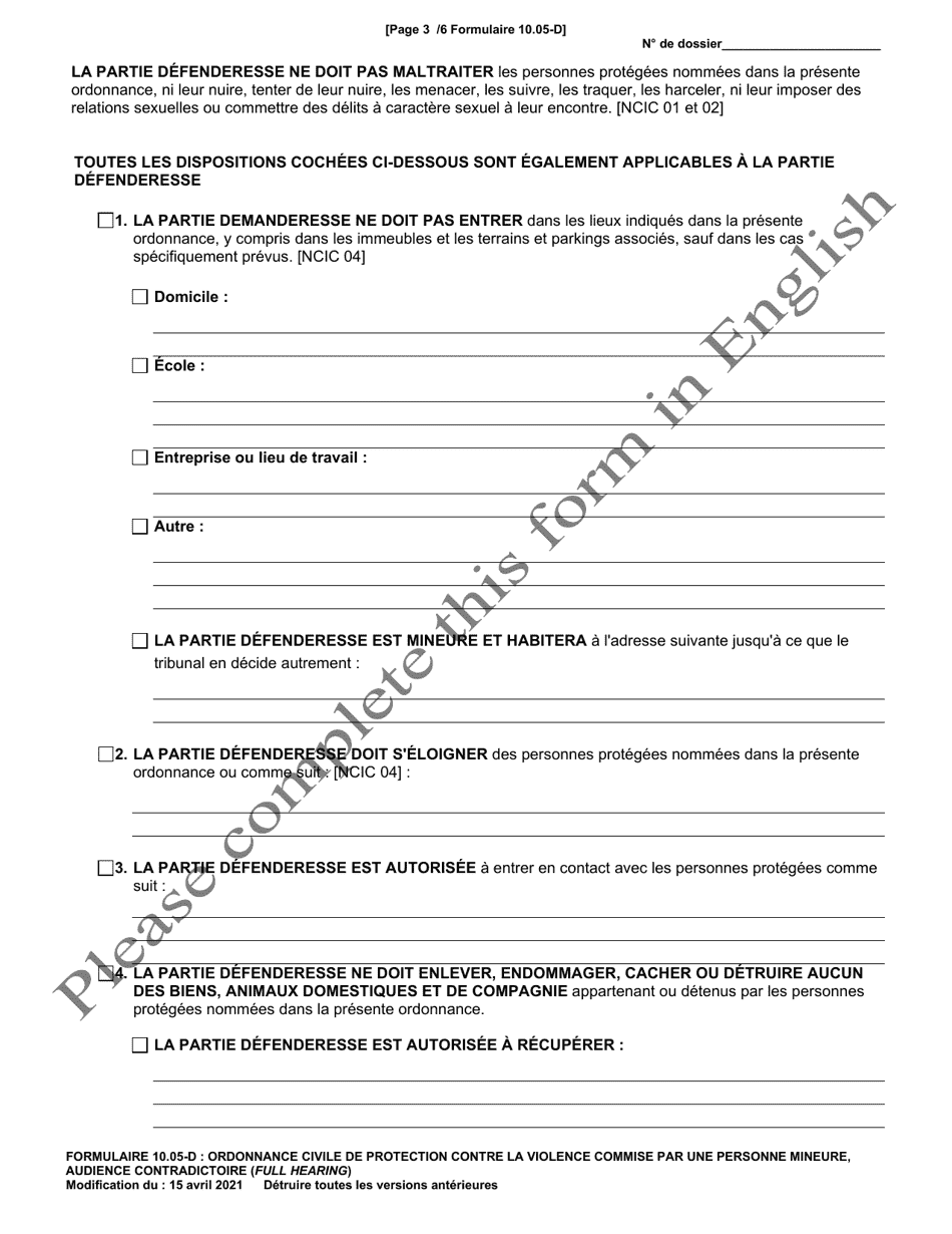 Form 10.05-D Juvenile Civil Protection Order Full Hearing - Ohio (French), Page 3