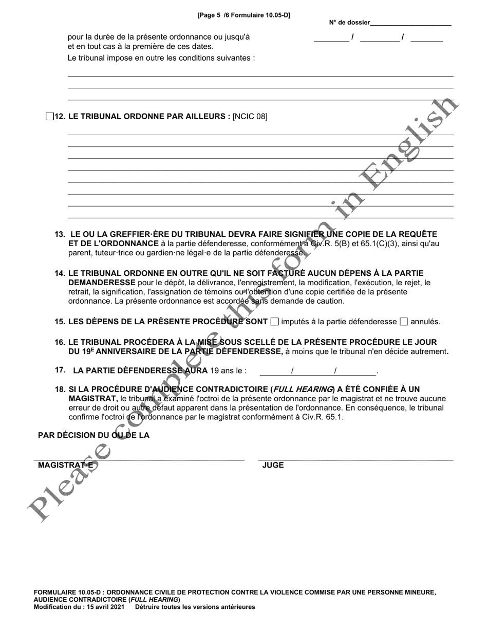 Form 10.05-D Juvenile Civil Protection Order Full Hearing - Ohio (French), Page 5