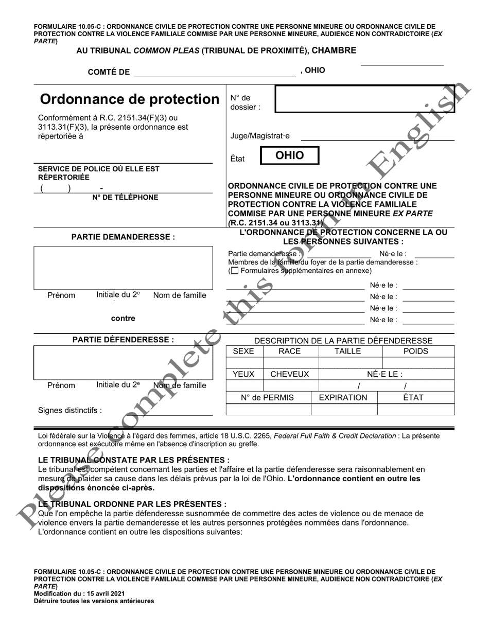 Form 10.05-C Juvenile Civil Protection Order or Juvenile Domestic Violence Civil Protection Order Ex Parte - Ohio (French), Page 1