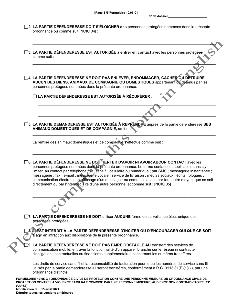 Form 10.05-C Juvenile Civil Protection Order or Juvenile Domestic Violence Civil Protection Order Ex Parte - Ohio (French), Page 3