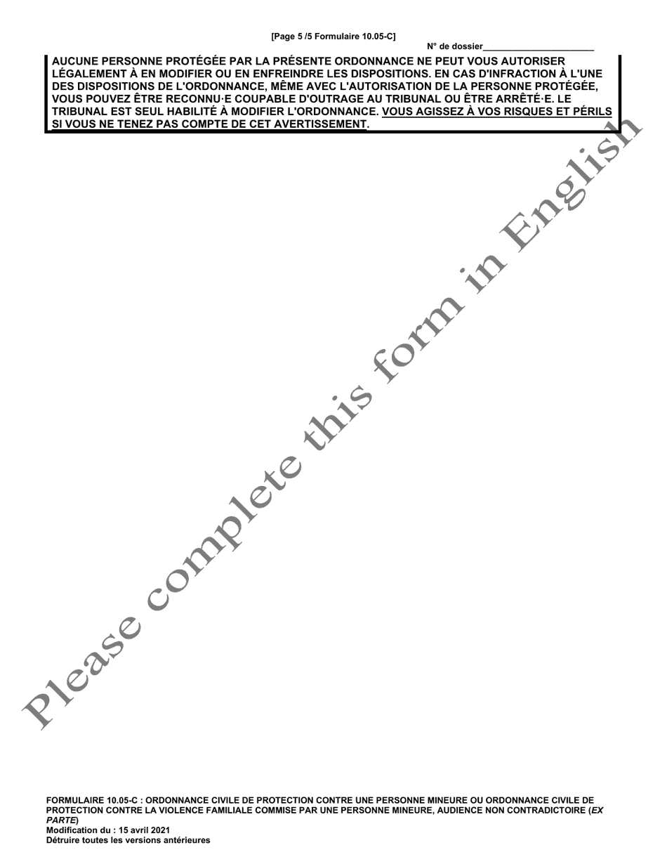 Form 10.05-C Juvenile Civil Protection Order or Juvenile Domestic Violence Civil Protection Order Ex Parte - Ohio (French), Page 5