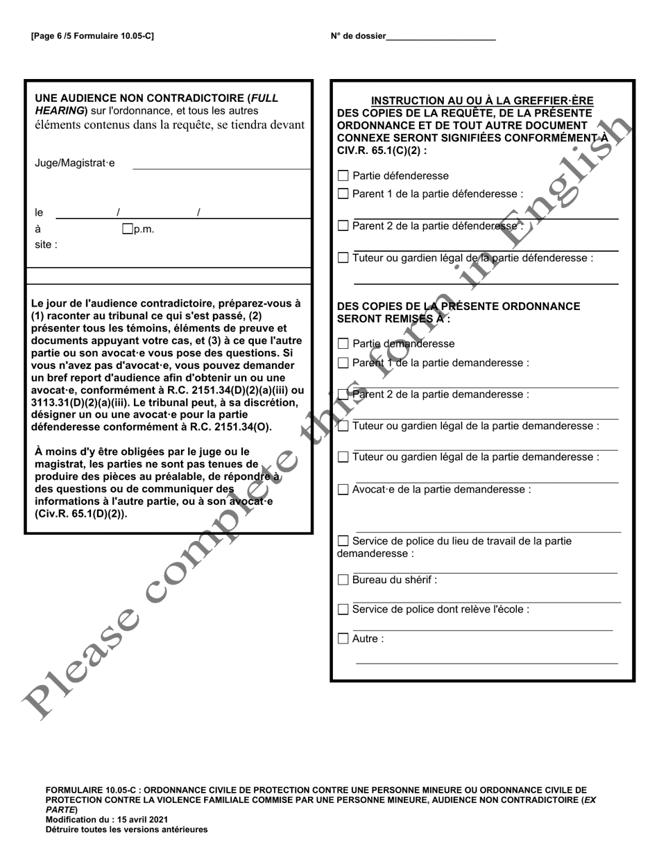 Form 10.05-C Juvenile Civil Protection Order or Juvenile Domestic Violence Civil Protection Order Ex Parte - Ohio (French), Page 6