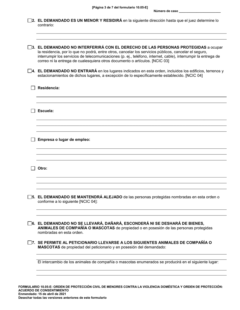 Formulario 10.05-E Orden De Proteccion Civil De Menores Contra La Violencia Domestica Y Orden De Proteccion: Acuerdo De Consentimiento - Ohio (Spanish), Page 3