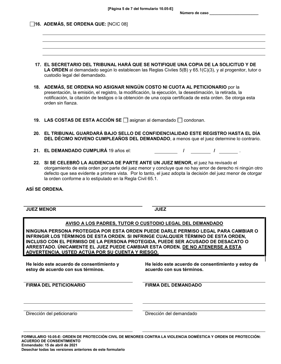 Formulario 10.05-E Orden De Proteccion Civil De Menores Contra La Violencia Domestica Y Orden De Proteccion: Acuerdo De Consentimiento - Ohio (Spanish), Page 5