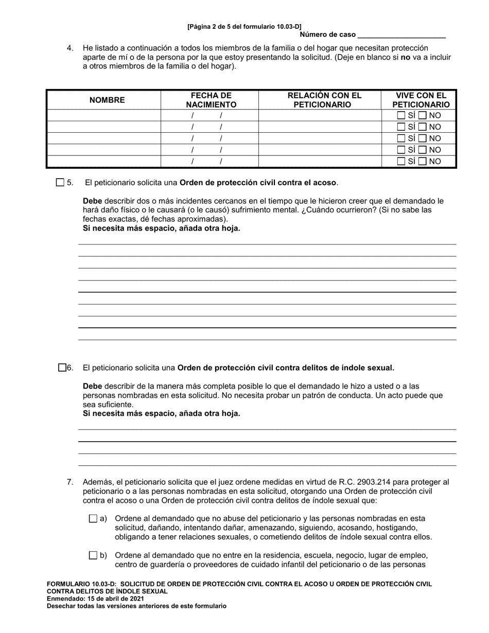 Formulario 10.03-D Solicitud De Orden De Proteccion Civil Contra El Acoso U Orden De Proteccion Civil Contra Delitos De Indole Sexual - Ohio (Spanish), Page 2